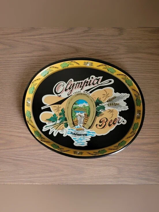 Vintage Olympia Beer Decorative Oval Tin Sign - Black & Gold
