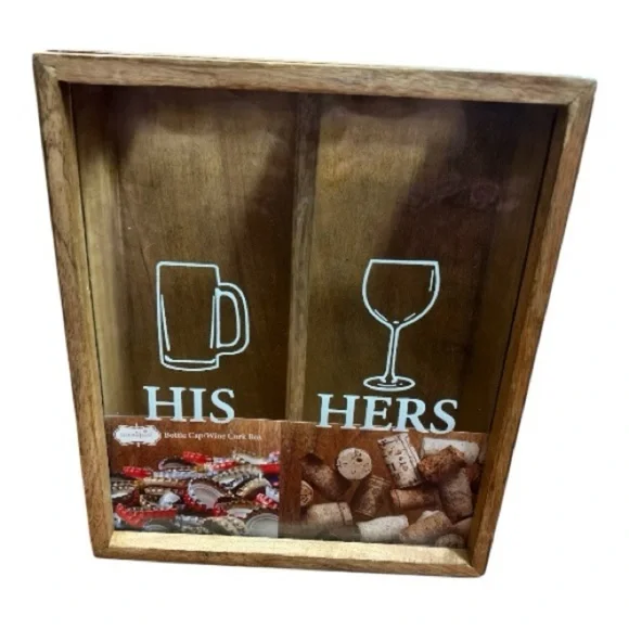 Mud Pie His & Hers Wooden Bottle Top/Wine Cork Box NWOT