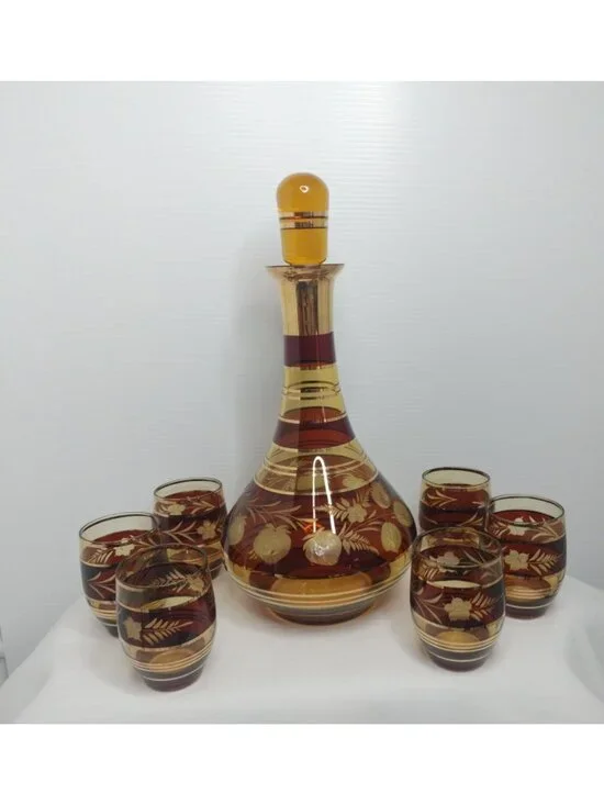Amber Etched Fruit With Gold Trim Decanter With 6 Set Glasses New