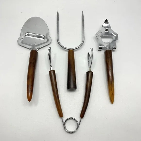 Vtg 4 Barware Utensils Marbled Faux Horn Bottle Opener Cheese Slicer‎ Tongs Fork