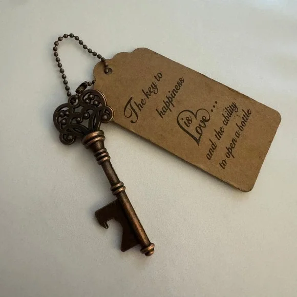 Key To Happiness Bottle Opener Favor Tag Wedding‎ Bronze Party Decor