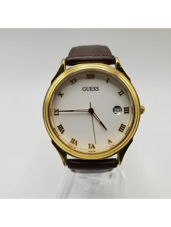 1992 Guess Watch For Parts Or Repair Gold Tone White Date Dial