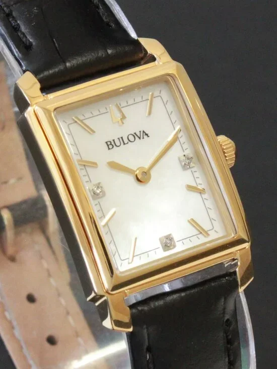 Bulova Ladies Sutton Classic Watch Diamond Accents MOP Dial Black Leather 21mm
