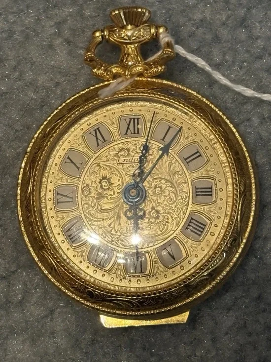 Vintage Endura Gold Tone Pendant Pocket Watch Ornate Engraved Hunter Case