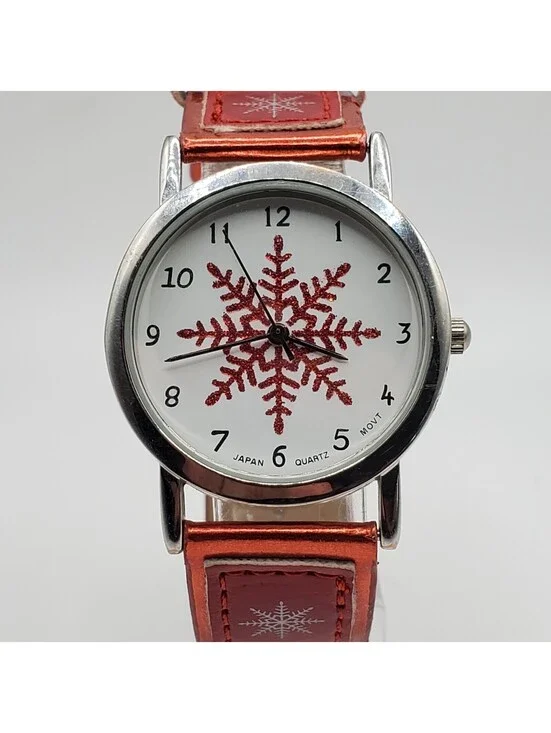 Red Snowflake Quartz Watch Womens 32mm Red Snowflake Band New Battery