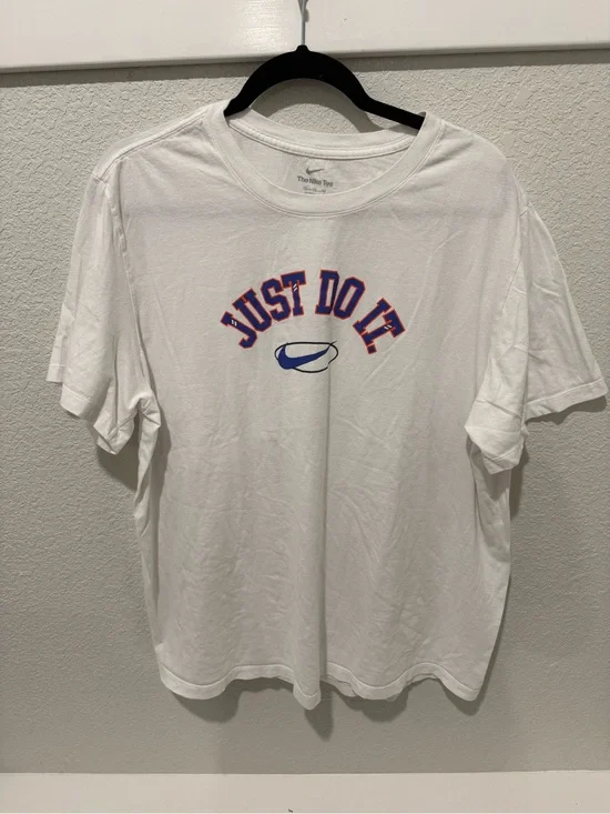 Nike White Short Sleeve 'Just Do It' Graphic Tee with Blue and Red Accents