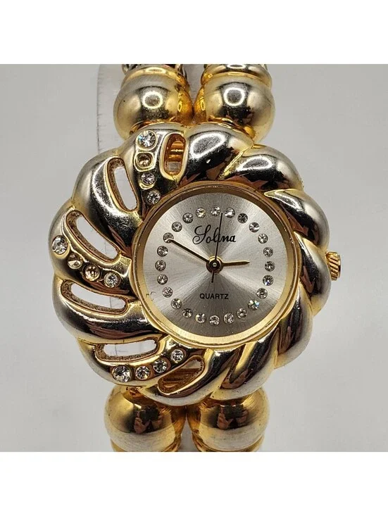 Lolina Rhinestone Bezel Quartz Watch Womens 32mm Gold Tone New Battery