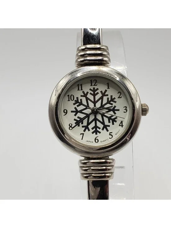 Snowflake Dial Quartz Cuff Band Watch Women 25mm Silver Tone New Battery