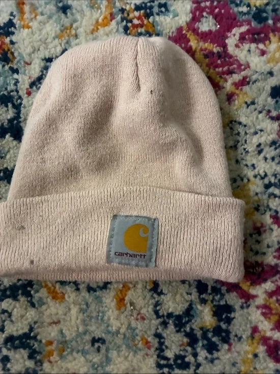 Carhartt Kids Light Pink Knit Beanie with Yellow Logo Patch