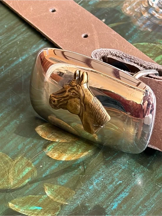 Kids Silver Horse Head Buckle & Brown Leather Belt