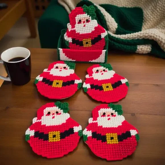 Set of 6 Vintage Handmade Plasticanvas Santa‎ Claus Drink Coasters in Holder