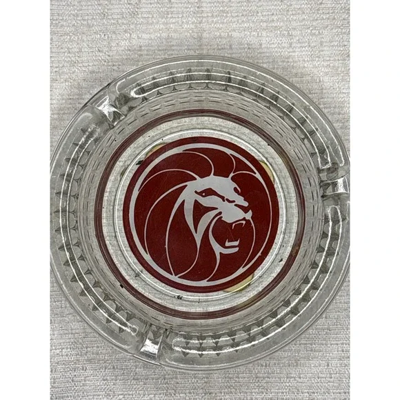 Vintage MGM Hotel Glass Ashtray Lion Logo‎ Red White Diamond Cut MCM Decor