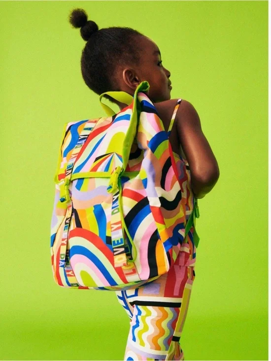H&M Lakwena children's backpack featuring a vibrant, multicolored 