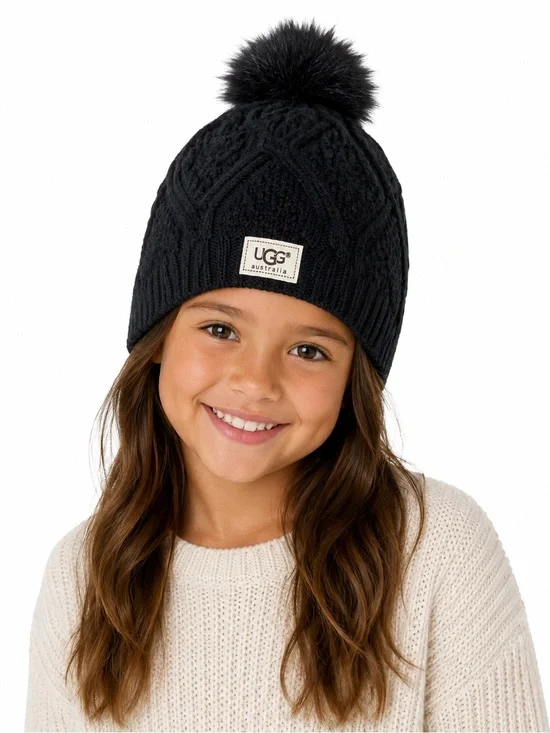 UGG Black Knit Pom-Pom Beanie for Kids 🤍