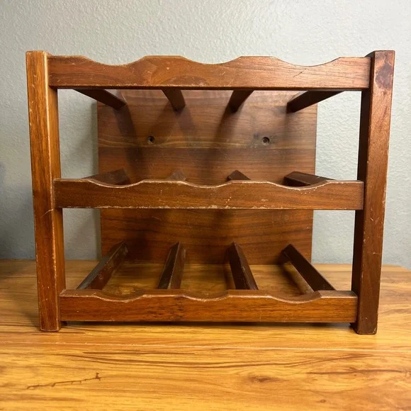 Vintage Vermillion Real Walnut Wine Rack Brown Wood 9 Bottle MCM USA Barware