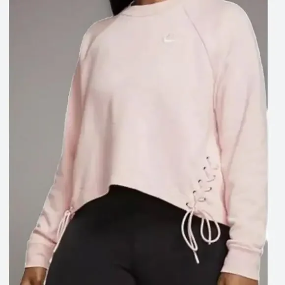 Nike Women's Cropped Sweatshirt XXL Pink Cotton Raglan Sleeve Lace-Up Sides
