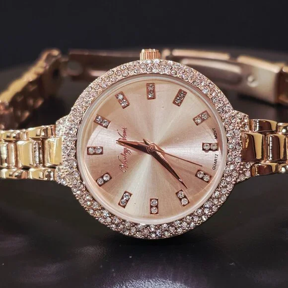 Voulez Vous Rose Gold Pink Crystal Accent Narrow Band Womens Wrist Watch New Bat