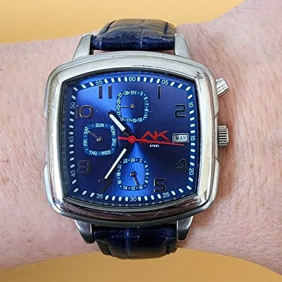 Anne Klein AK Navy Blue Day Date DOW 24-HR Red White Blue Square Face Watch