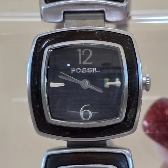 Fossil WOODGIRL Square Face Brushed Stainless Steel Wood Detail Wrist Watch