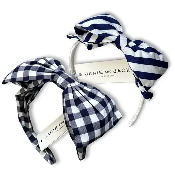 Janie and Jack NEW Set (2) Headbands Navy White Large Bow Gingham & Striped