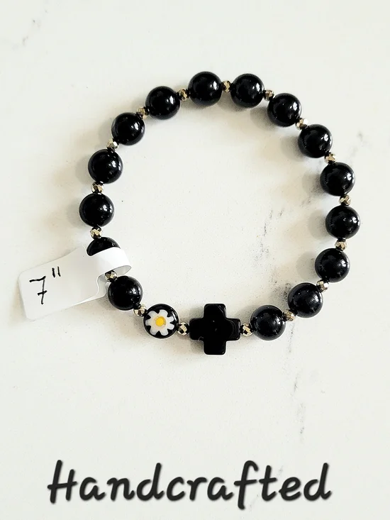 Hand Crafted Black Onyx Bead Kids Bracelet with Glass Daisy Accent