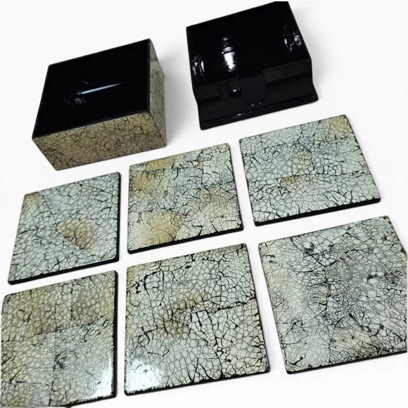 Coaster Set Cream Green Good Crackle Glaze Lacquer Boxed 6pc Set