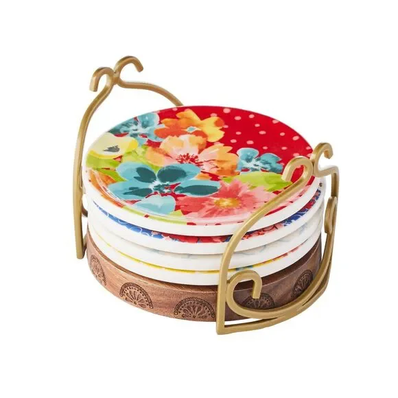 Pioneer Woman Floral Medley Stoneware Coaster Set with Holder Metal & Acacia New