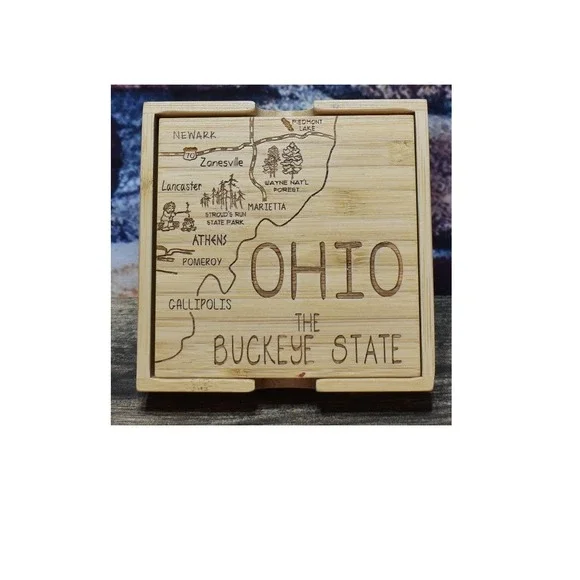 Ohio The Buckeye State Bamboo Map Coaster Set of 4 with Holder Laser Engraved