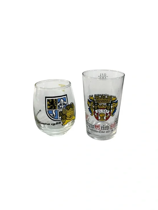 Vintage German Wine Tasting Glasses Set Dirmstein 1988 Monzernheim 0.1L Crests
