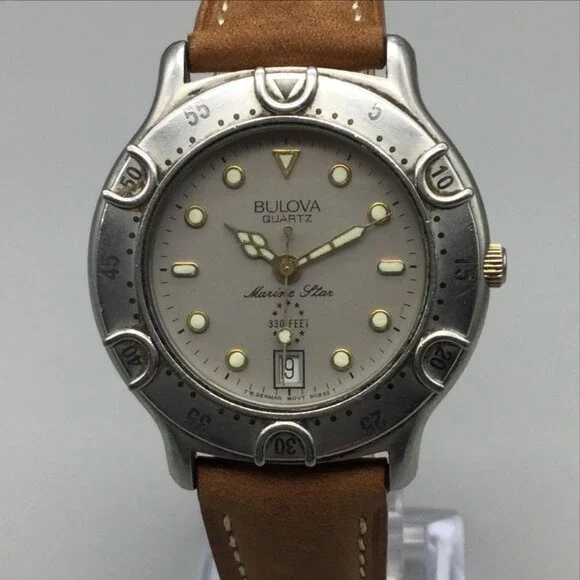 Vintage Bulova Marine Star Mens Diver Watch 36mm Silver Tone Leather New Battery