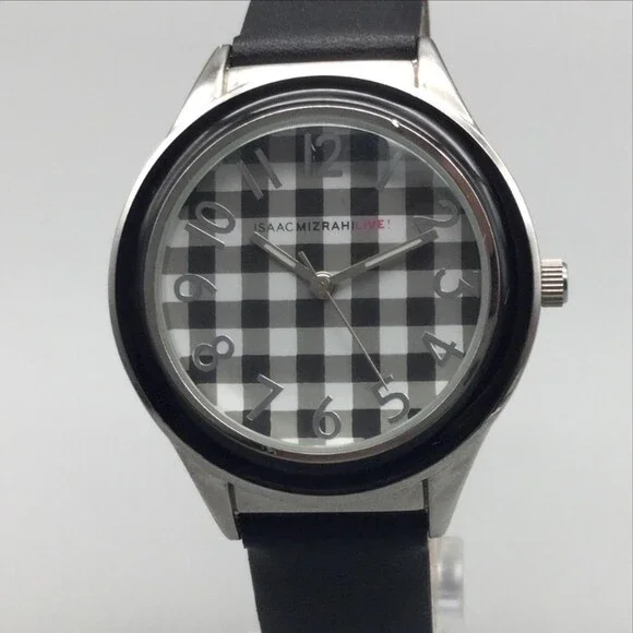 Isaac Mizrahi Live Womens Watch 36mm Black Check Dial Leather IM2647 New Battery