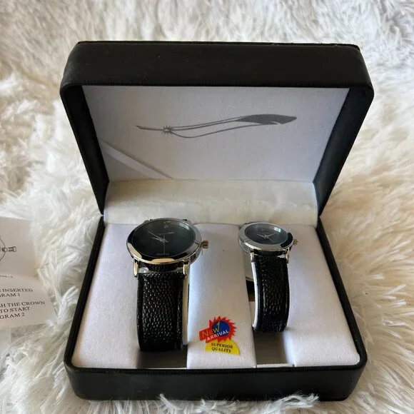 His and Hers Quartz Watch Set Black‎ Band New in Box VTG