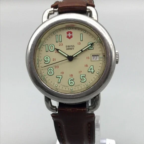 Vintage Swiss Army Mens Watch 37mm Cream Dial Brown Leather Date New Battery