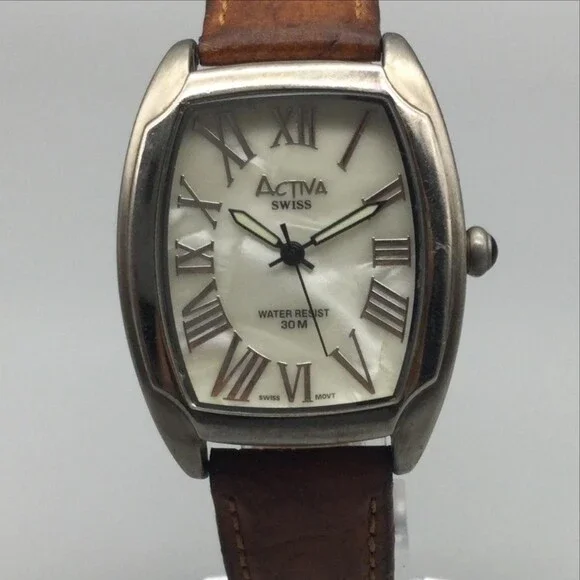 Activa Swiss Womens Watch 33mm MOP Dial Brown Leather Band 30M New Battery