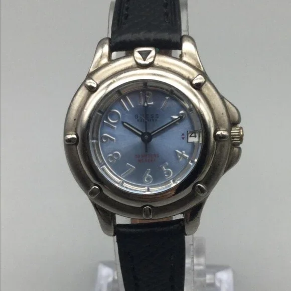 Guess Waterpro Womens Watch 28mm Blue Dial Black Leather 50M New Battery