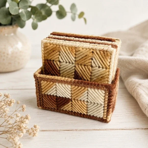 Vintage Handmade Plastic Canvas Coaster Set 7pc Brown Tan Geometric Boho Decor