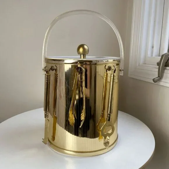 Vintage 1970s Metallic Gold Ice Bucket Clear Lucite Handle with Bar Utensils Bar