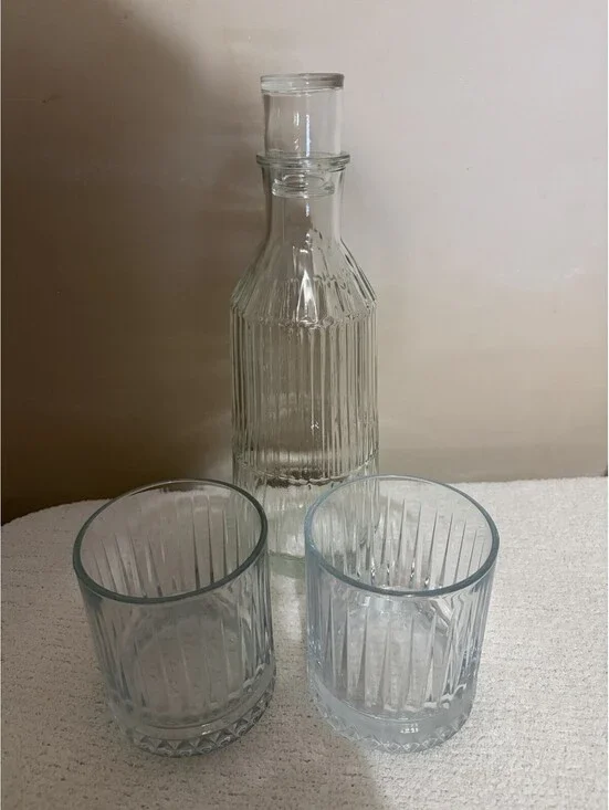 3 Piece Clear Glass Decorative Decanter and Glass Set