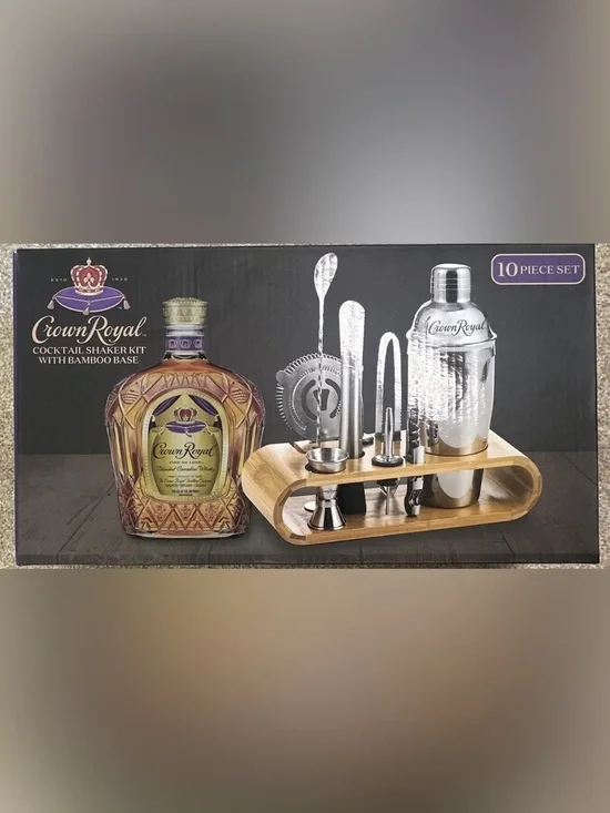 Crown Royal 10-Piece Bar Tool Set with Bamboo Stand – Silver & Natural NIB