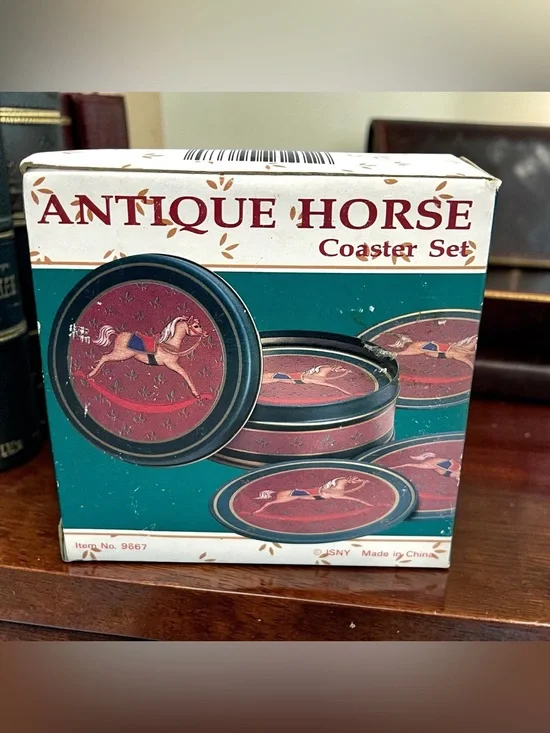 Vintage Antique Horse Cork Coaster Set of 6 w Tin Box Country Cottage Decor