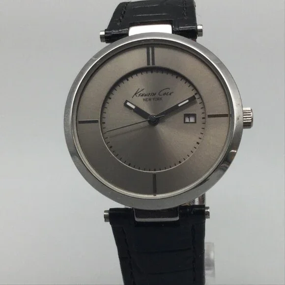 Kenneth Cole KC2279 Mens Watch 34mm Silver Tone Black Leather Date New Battery