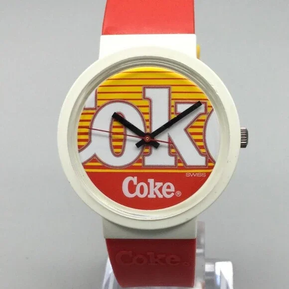 Coca-Cola Coke Mens Watch 35mm Multicolor Logo Dial Red Rubber New Battery