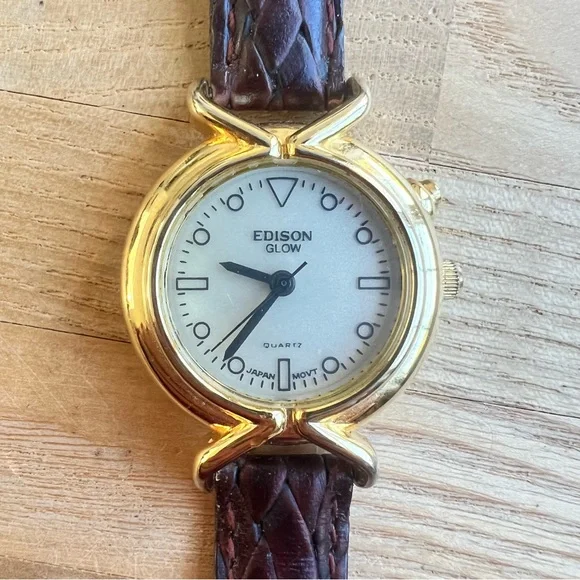 Edison glow ladies gold tone brown leather dress watch