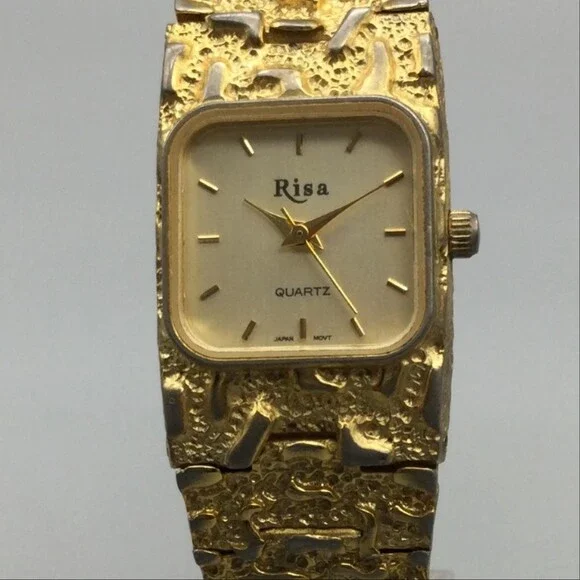 Vintage Risa Women Watch 21mm Gold Tone Nugget Texture Bracelet New Battery 7.5