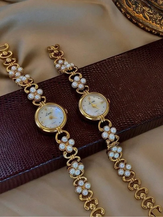 Anthropologie Gold Pearl Floral Link Watch