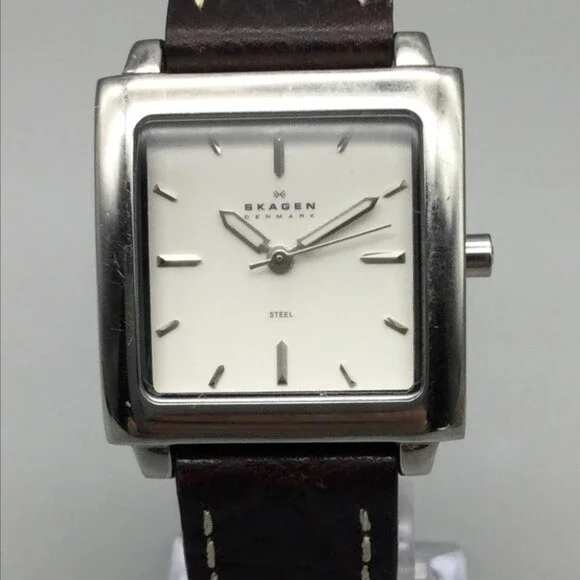 Skagen Womens Watch 29mm White Dial Brown Leather Stainless 251SSLMW New Battery