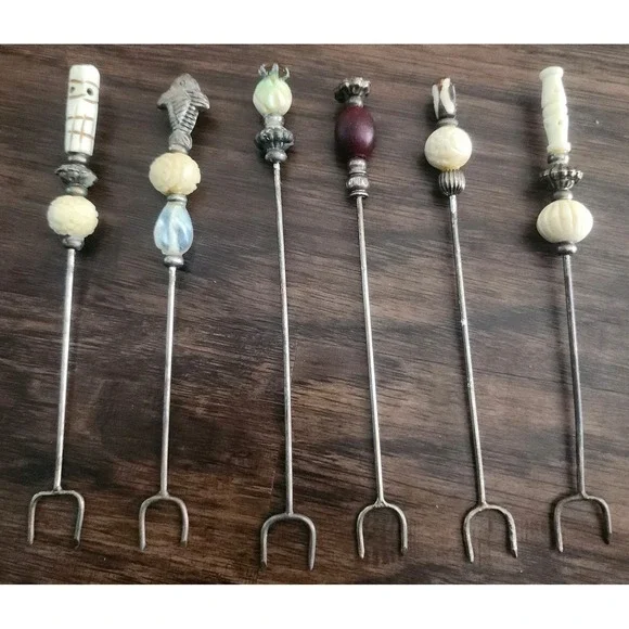 6 Vintage Carved Stone Beads Hors d'oeuvres Picks Forks Cocktail 5