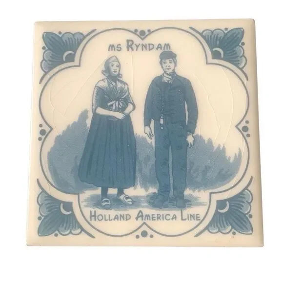 Vintage Holland America Line Delft Ms Ryndam Ceramic Tile Coaster Cruise