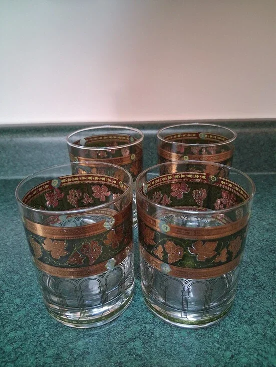 Set of 4 Vintage Floral Gold Band Lowball Glasses Cera Green Gold Grapes