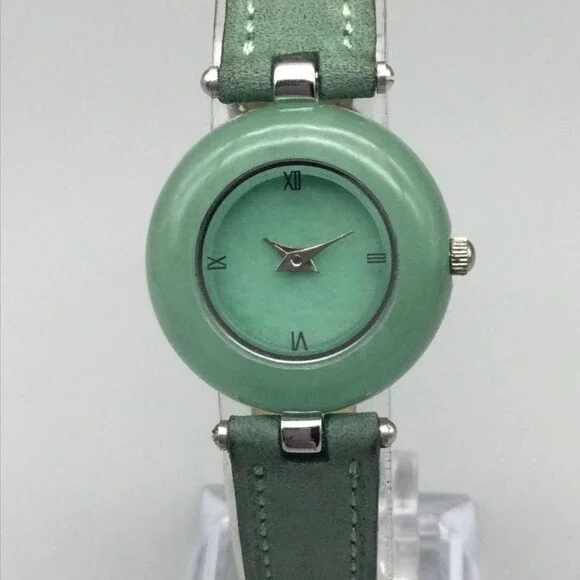 Womens Watch 24mm Green Dial Sterling 925 Case Green Leather Strap New Battery